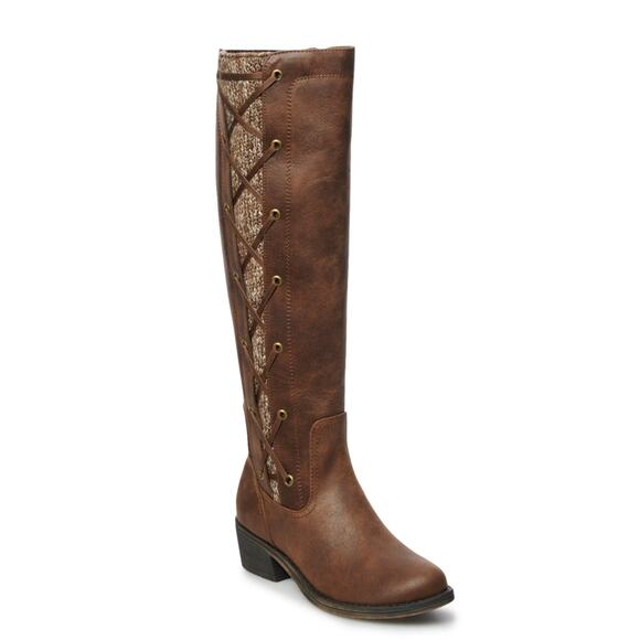 SO | Hemlock Brown Riding Boots Faux Leather Lace Up accents sweater inlay. Sz:8 - Picture 1 of 10